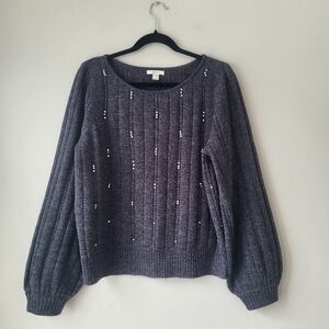RW&CO. Timeless Cozy Feminine Charcoal Sweater with Pearl Crystal Accents
